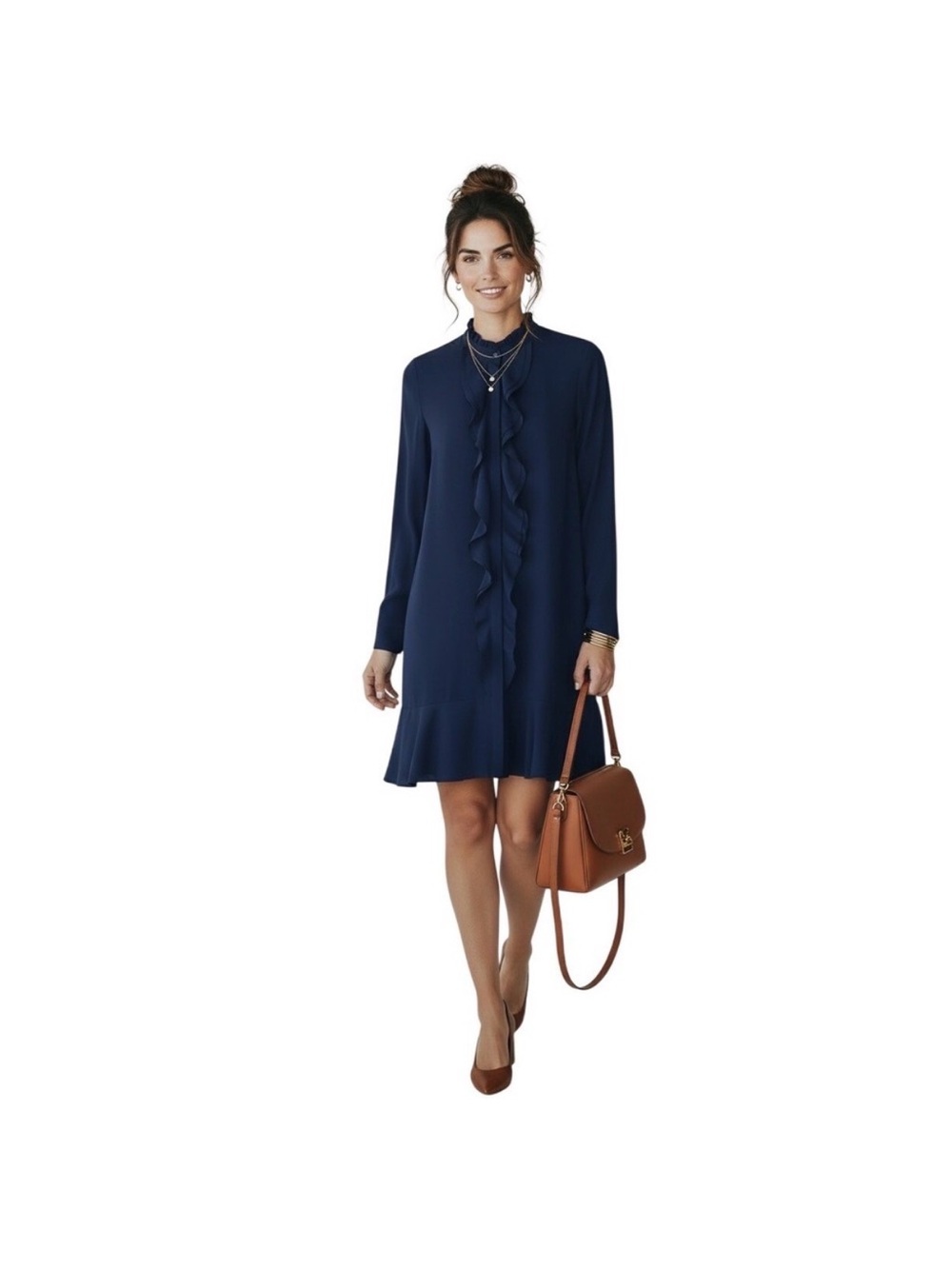 Tory Burch Navy Long-Sleeve Ruffle-Front Dress Jane